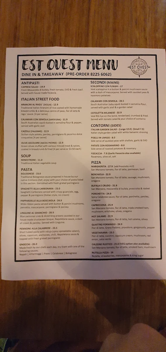 Menu, Est Ovest - Osteria | Caffe' | Aperitivo Bar