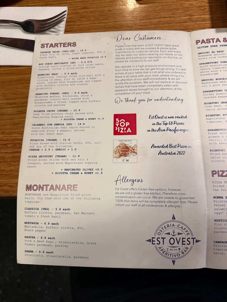 Menu, Est Ovest - Osteria | Caffe' | Aperitivo Bar
