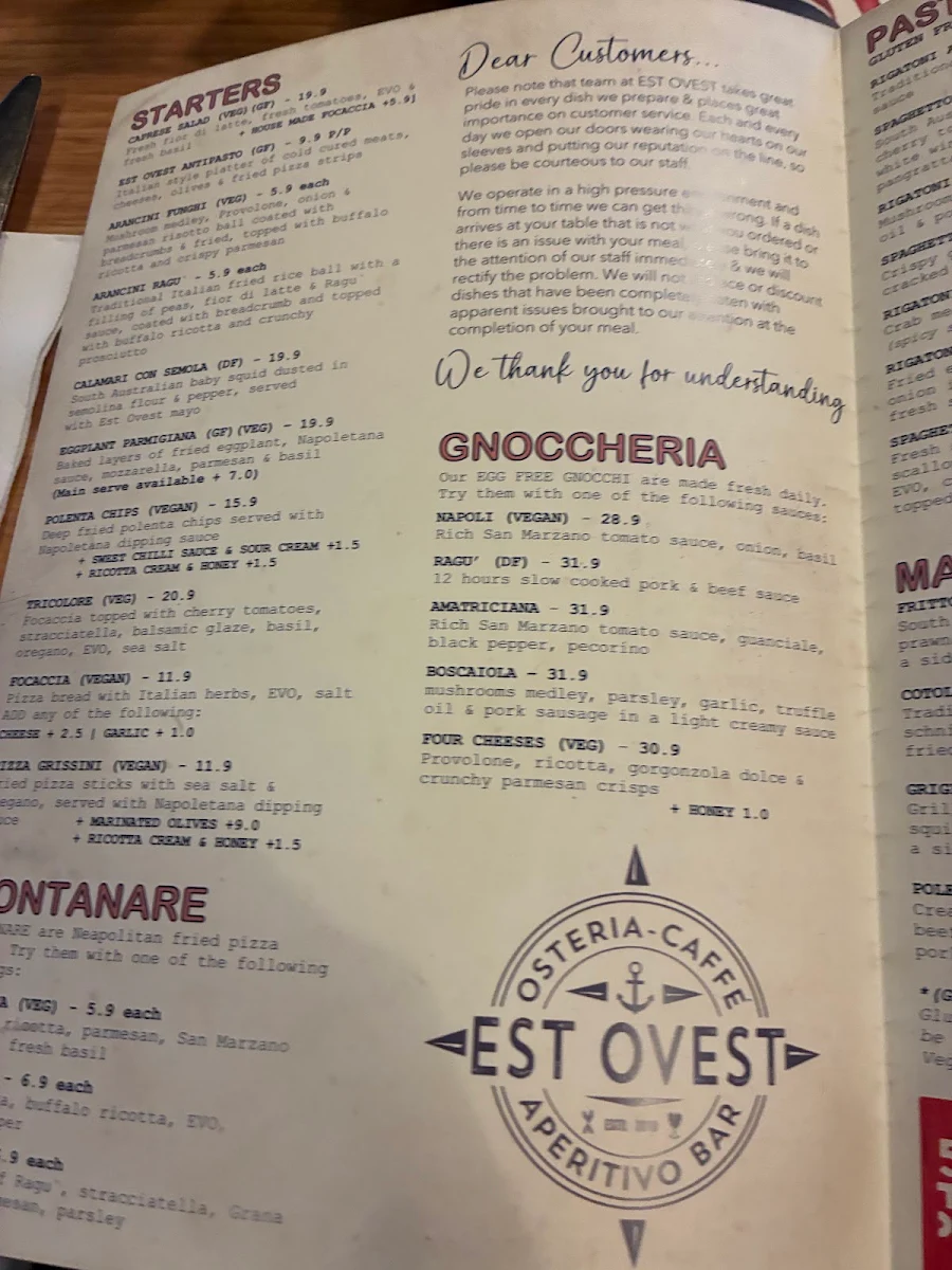 Menu, Est Ovest - Osteria | Caffe' | Aperitivo Bar
