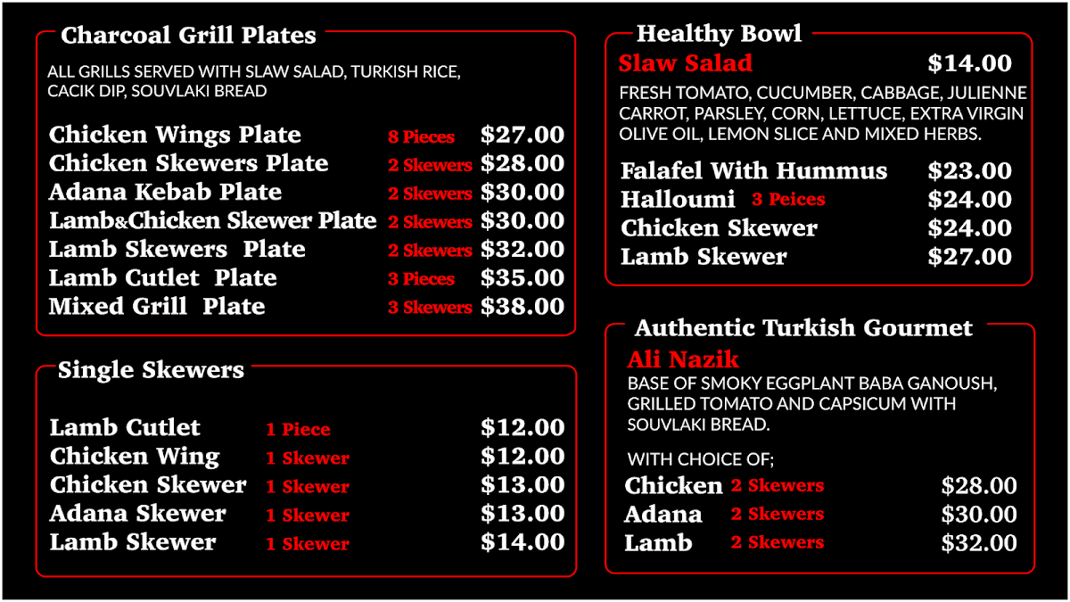 Menu, Authentic Chargrill & Kebab