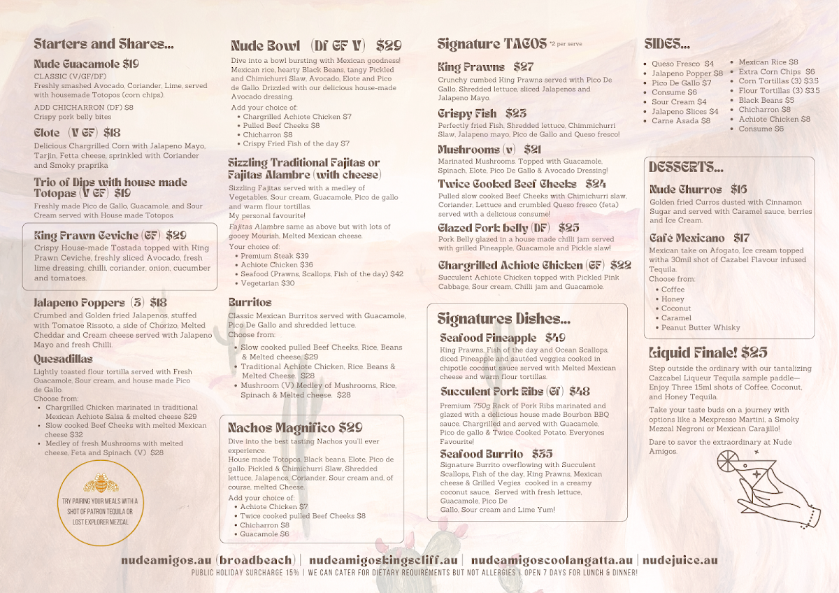 Menu, NUDE AMIGOS COOLANGATTA