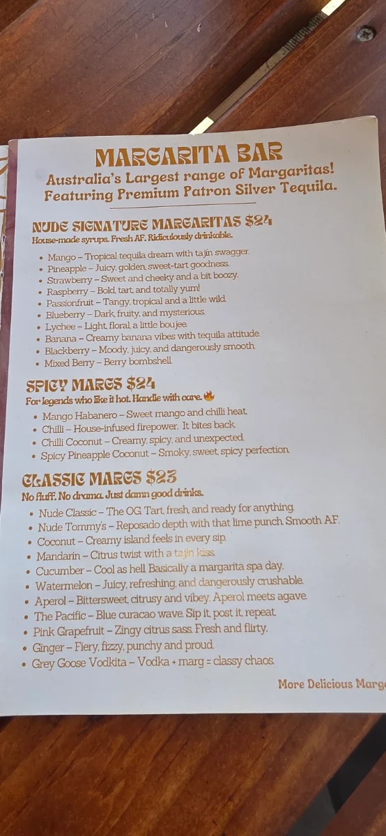 Menu, NUDE AMIGOS COOLANGATTA