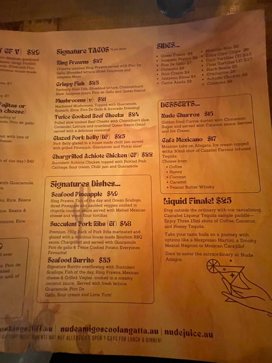 Menu, NUDE AMIGOS COOLANGATTA