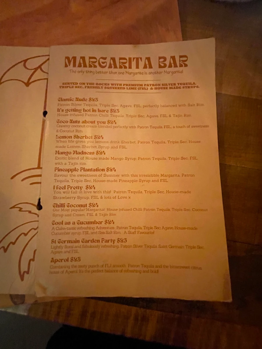 Menu, NUDE AMIGOS COOLANGATTA