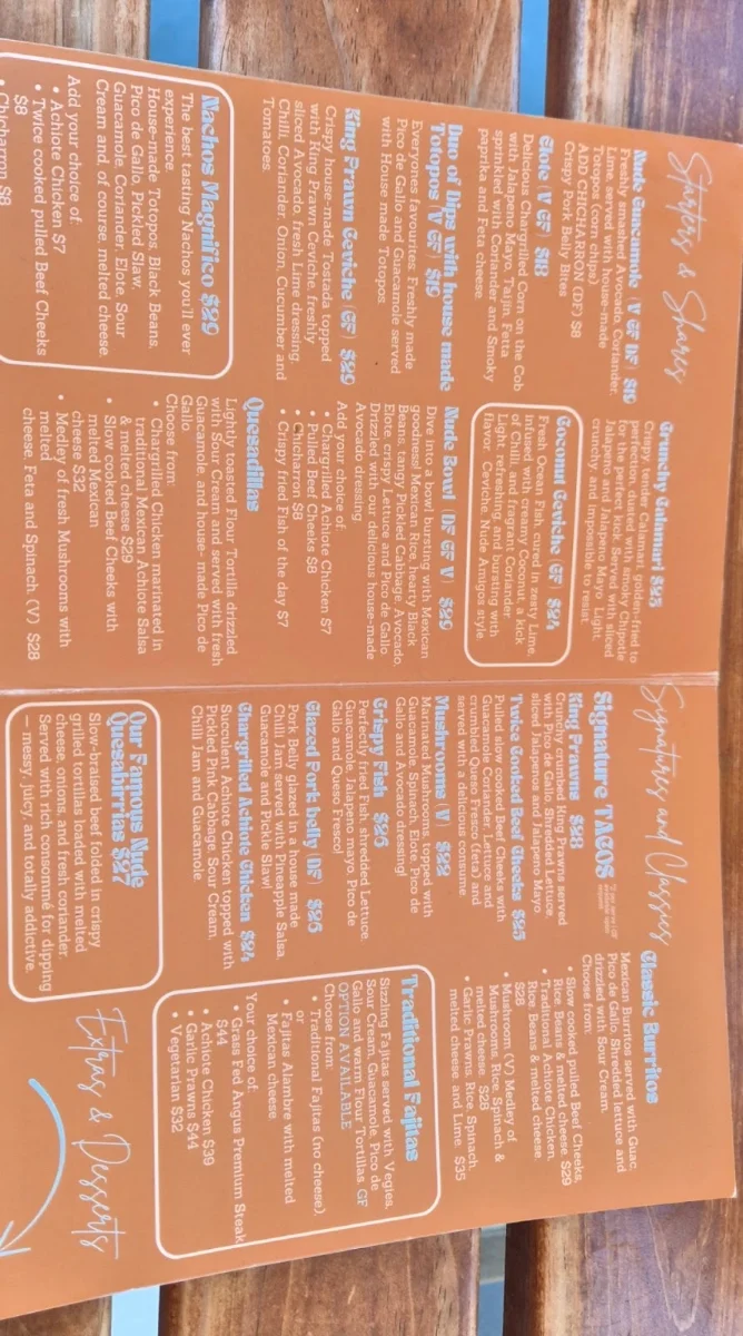Menu, NUDE AMIGOS COOLANGATTA