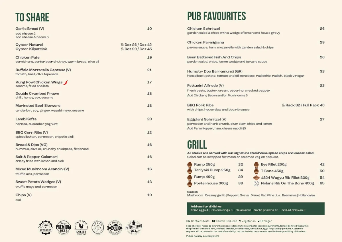 Menu, Albany Creek Tavern