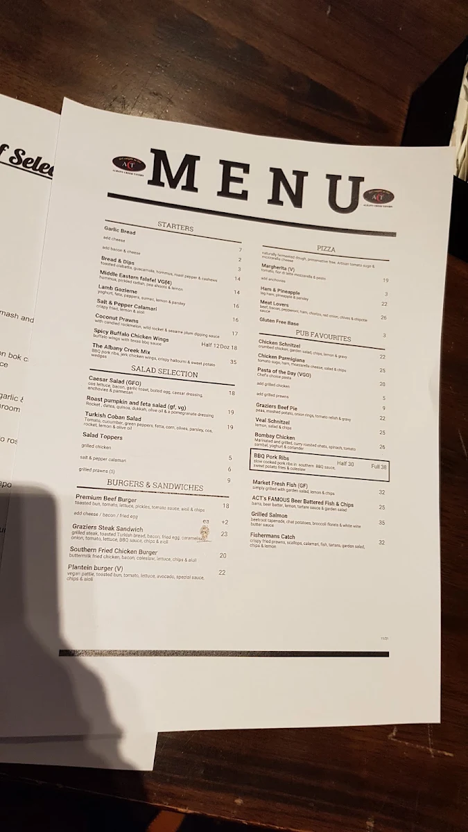 Menu, Albany Creek Tavern