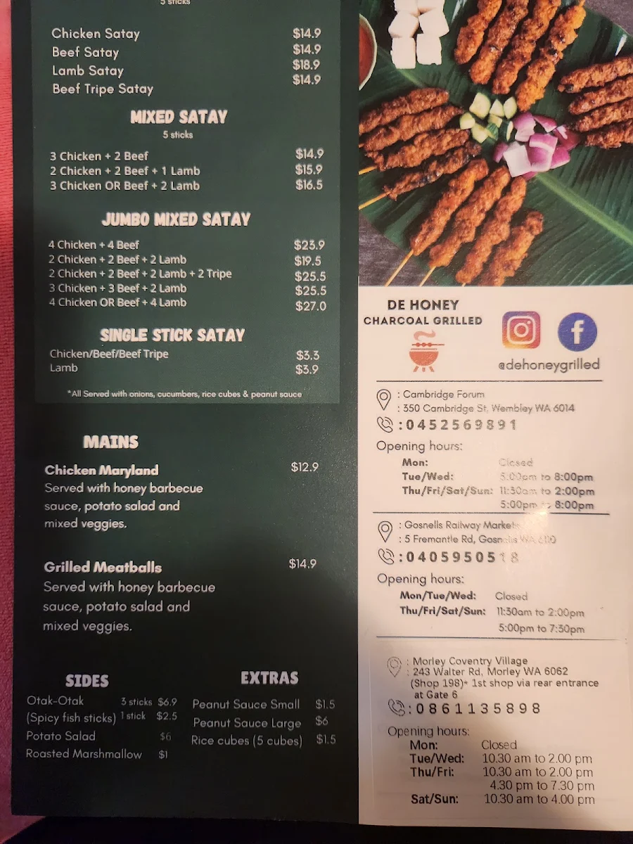 Menu, De Honey Charcoal Grilled (Gosnells)