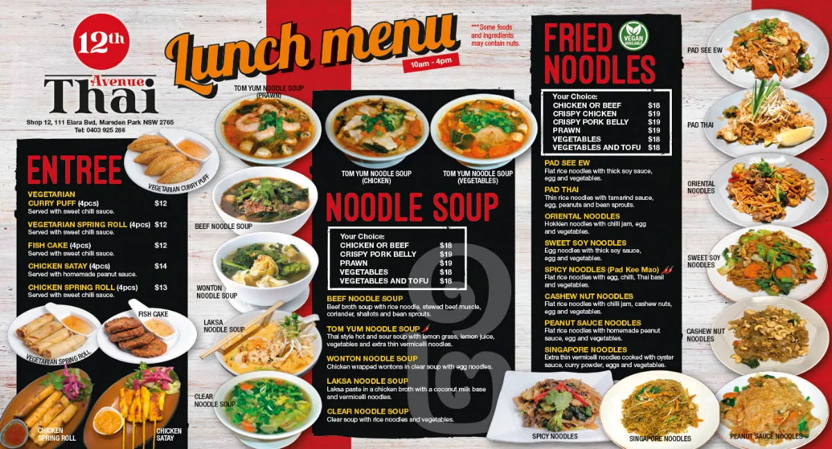 Menu, 12th Avenue Cafe & Thai