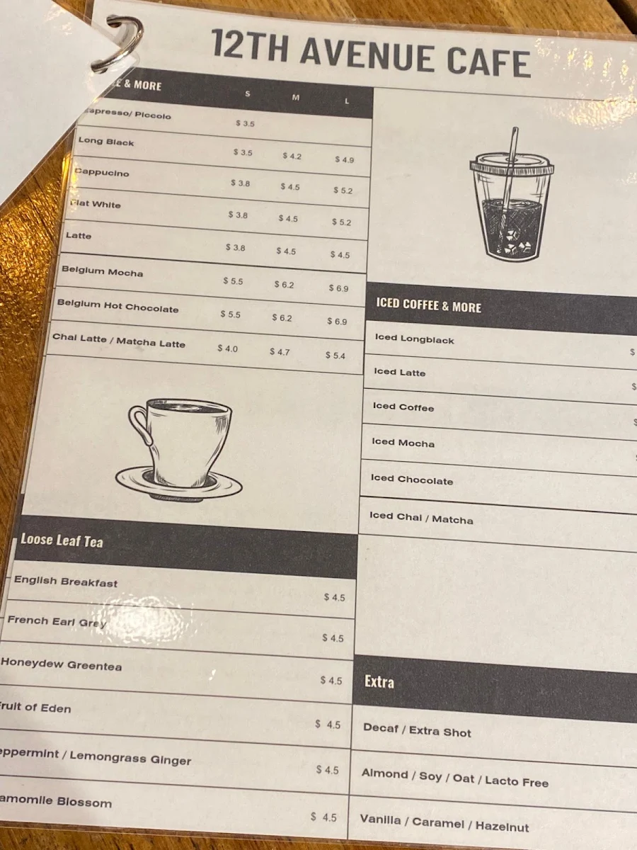 Menu, 12th Avenue Cafe & Thai
