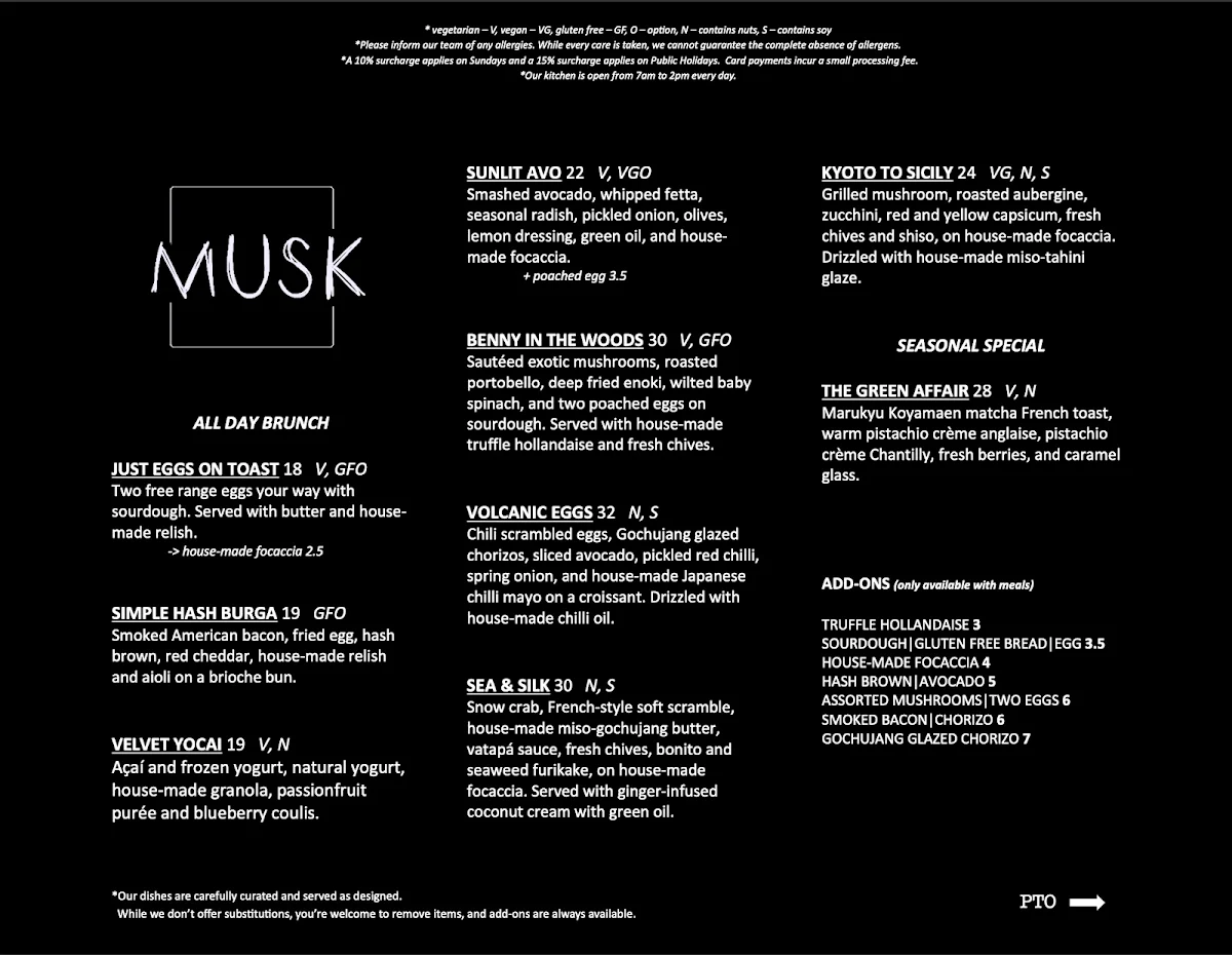 Menu, Musk Cafe and Bar