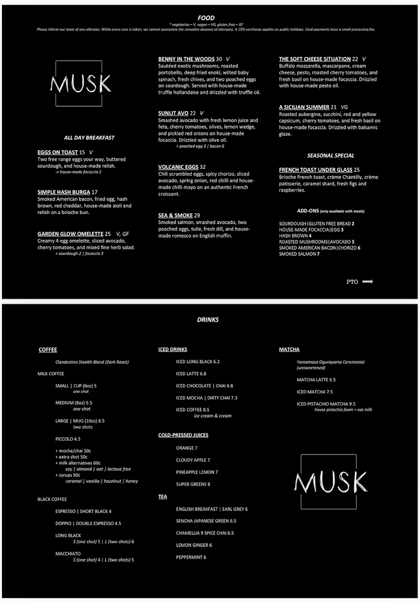 Menu, Musk Cafe and Bar