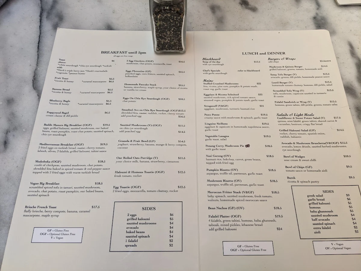 Menu, Goode Manors