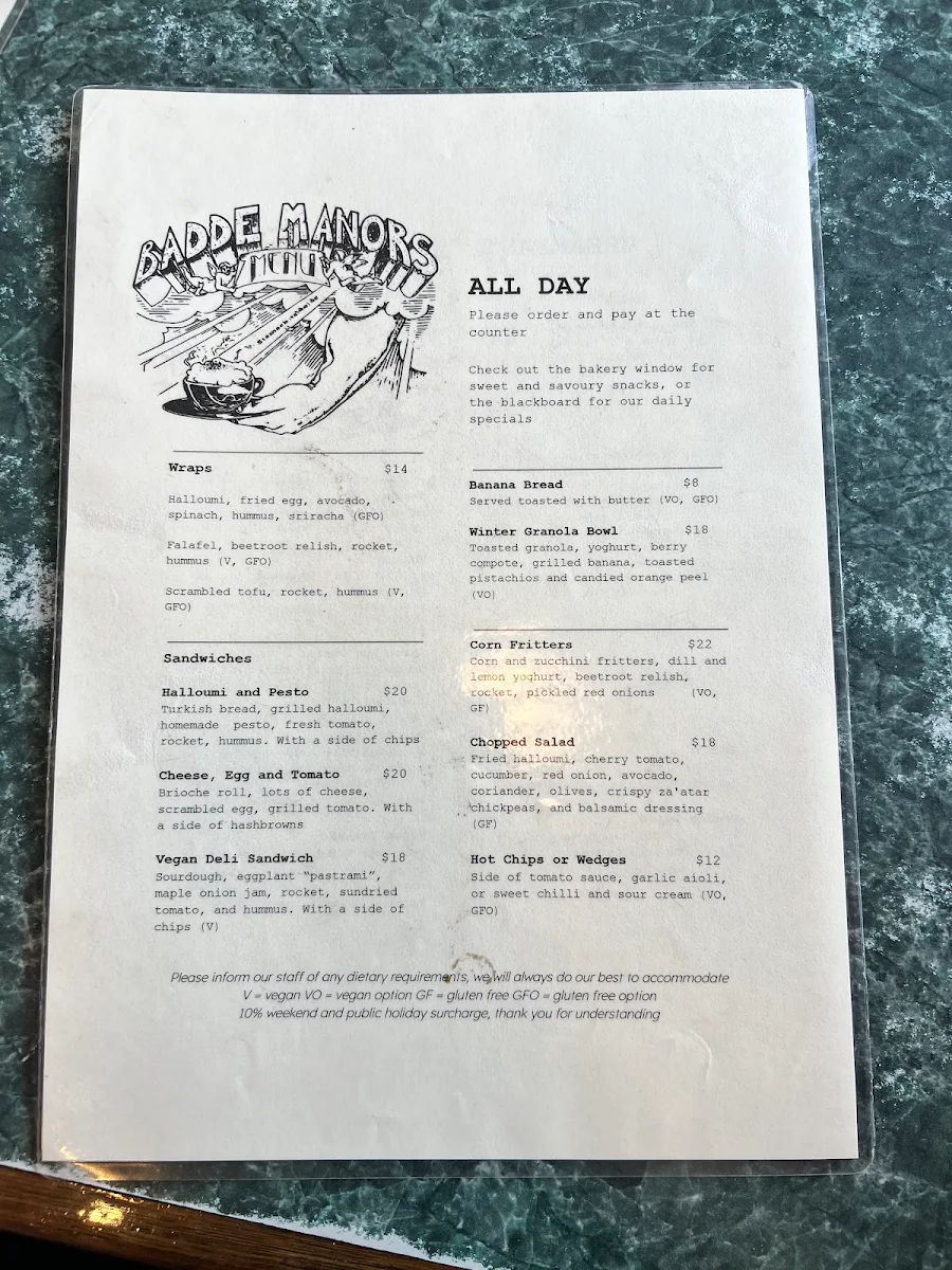 Menu, Goode Manors