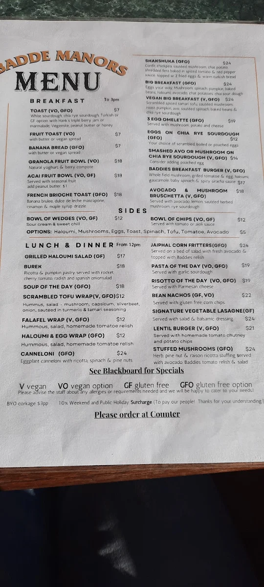Menu, Goode Manors