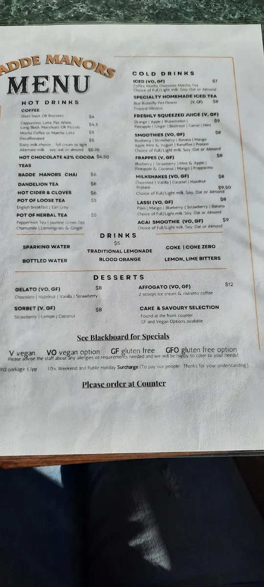 Menu, Goode Manors