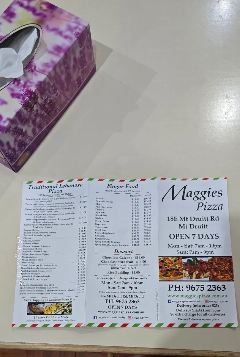 Menu, Maggie's Pizzeria
