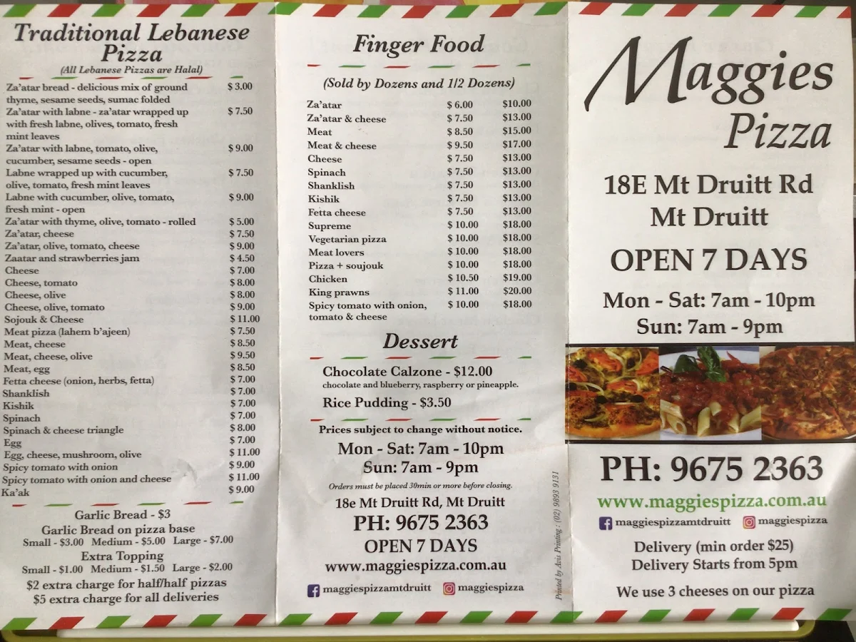 Menu, Maggie's Pizzeria