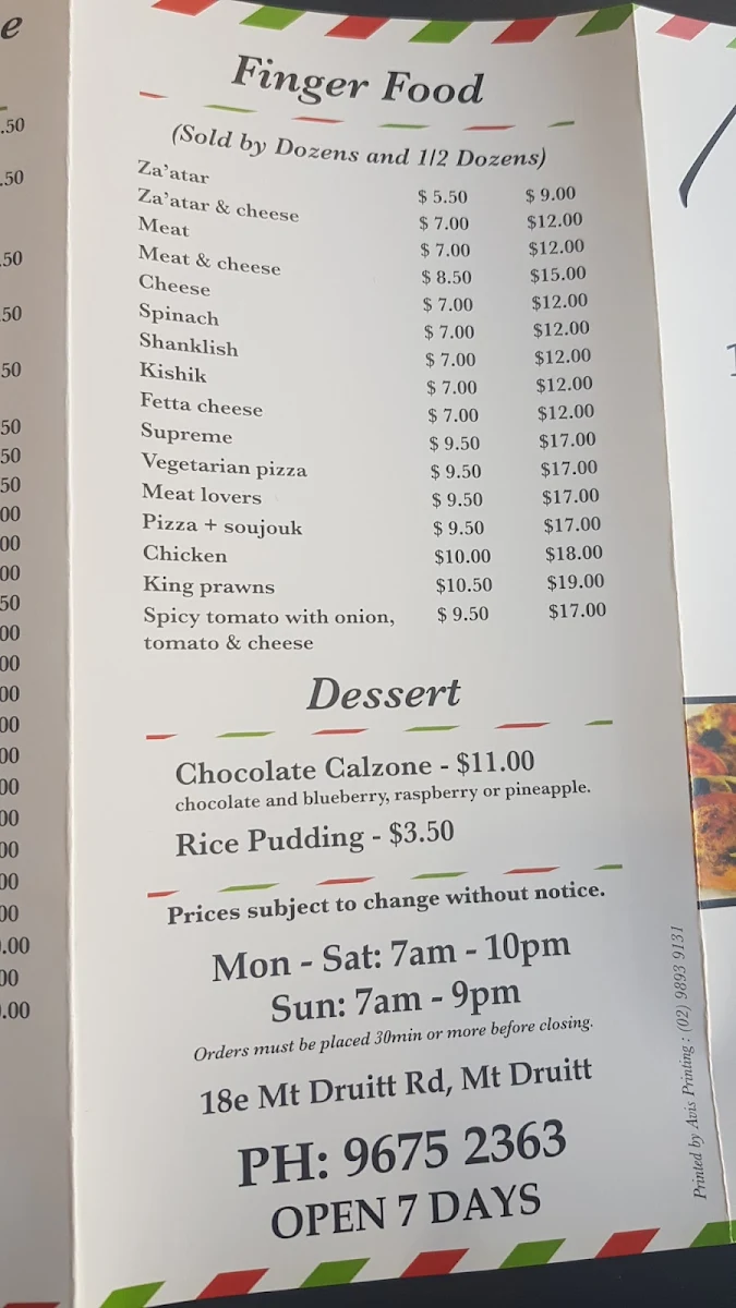 Menu, Maggie's Pizzeria