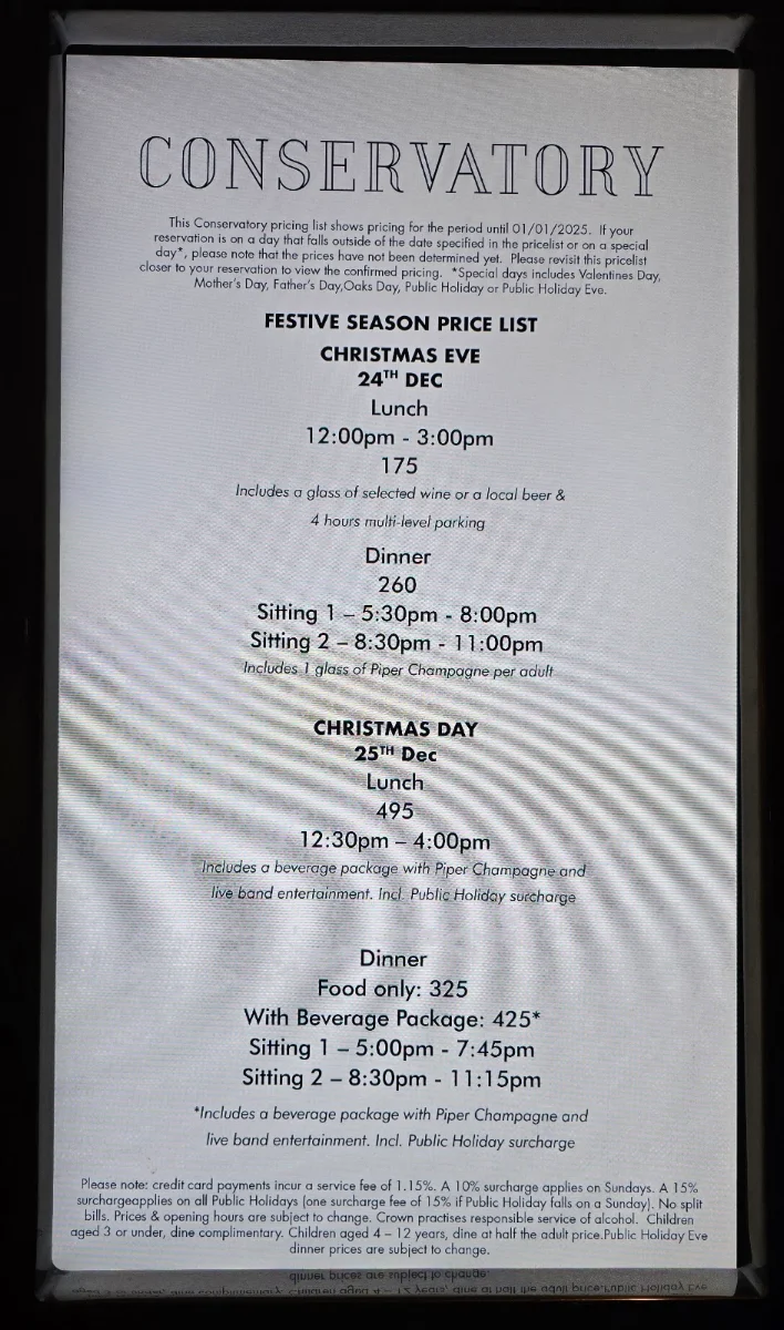 Menu, Conservatory