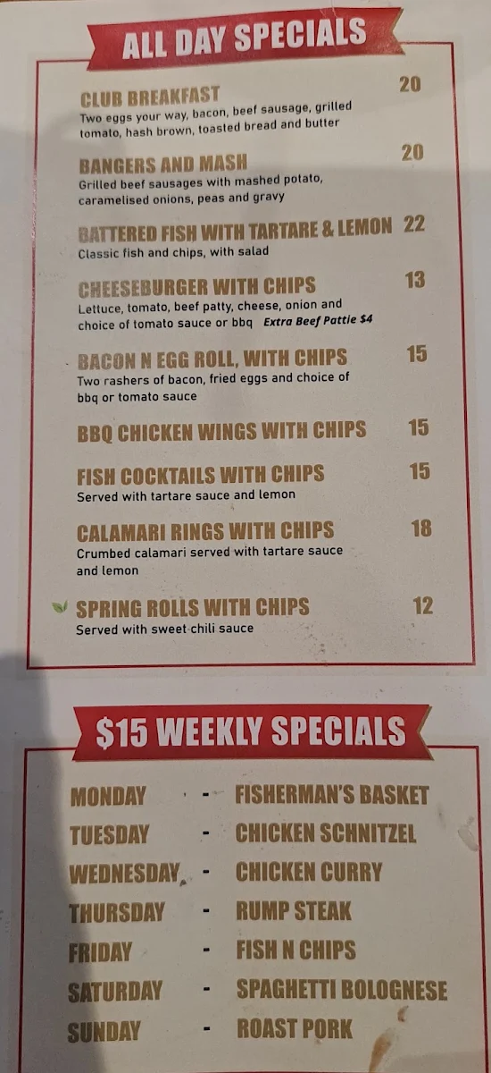 Menu, The Club Hotel Mount Druitt
