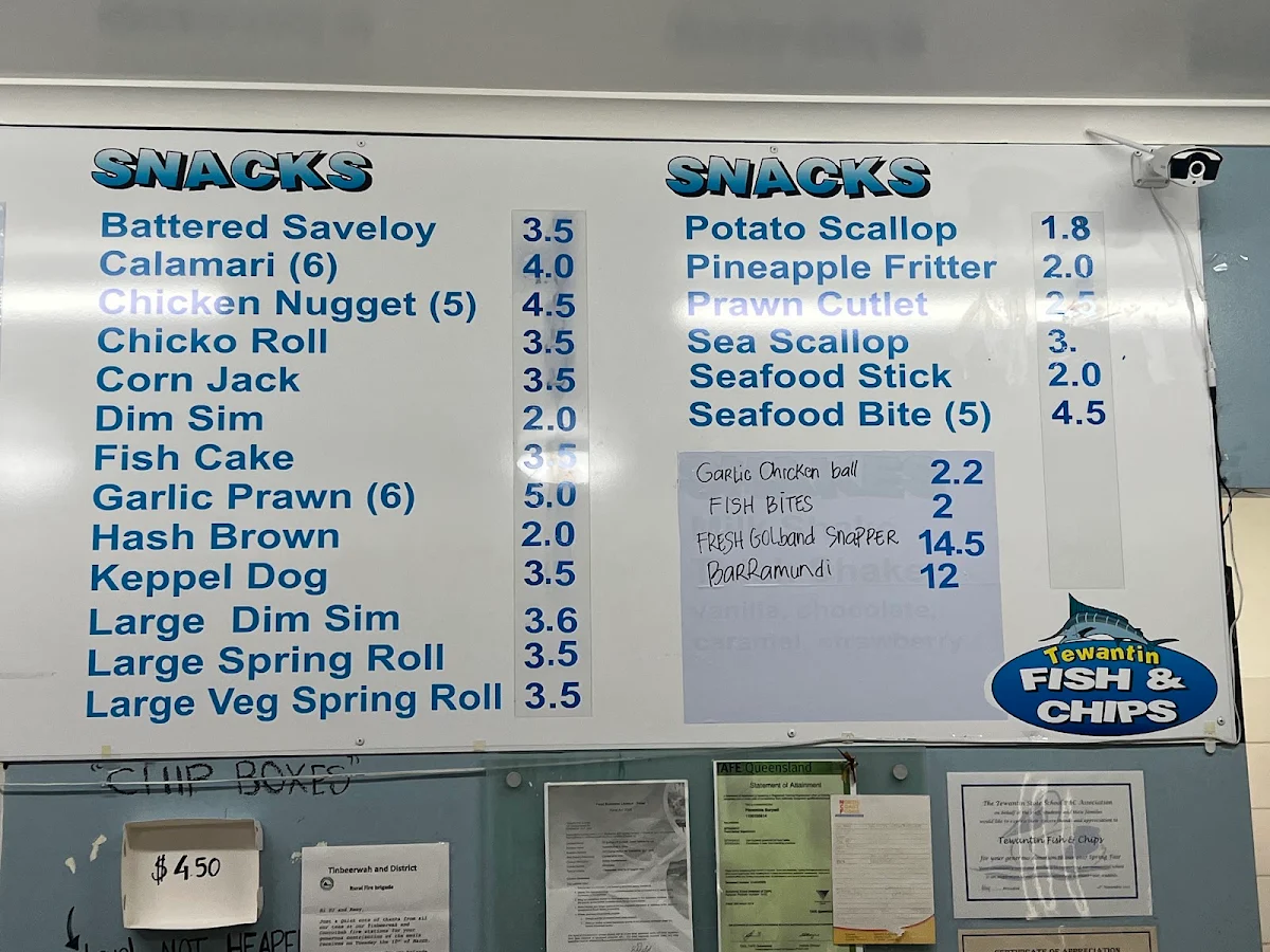 Menu, Tewantin Fish & Chips