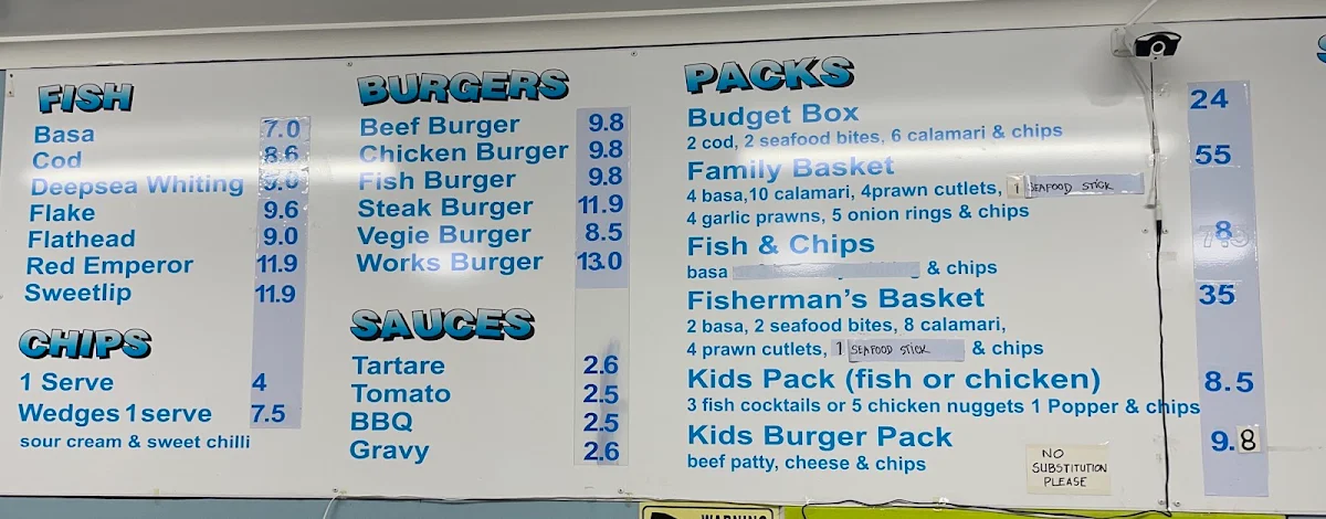 Menu, Tewantin Fish & Chips