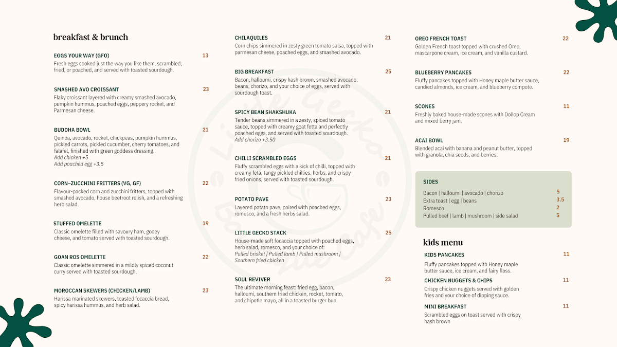Menu, Little Gecko Boutique Cafe