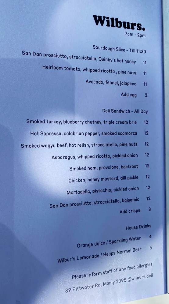 Menu, Wilburs.
