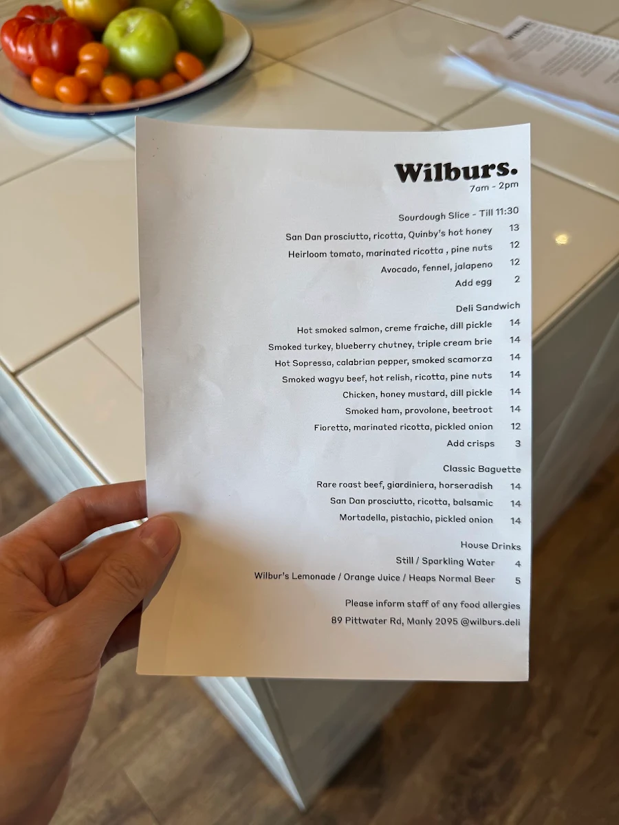 Menu, Wilburs.