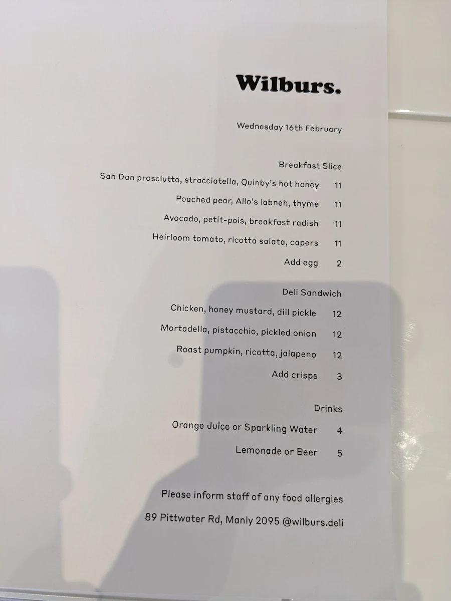 Menu, Wilburs.