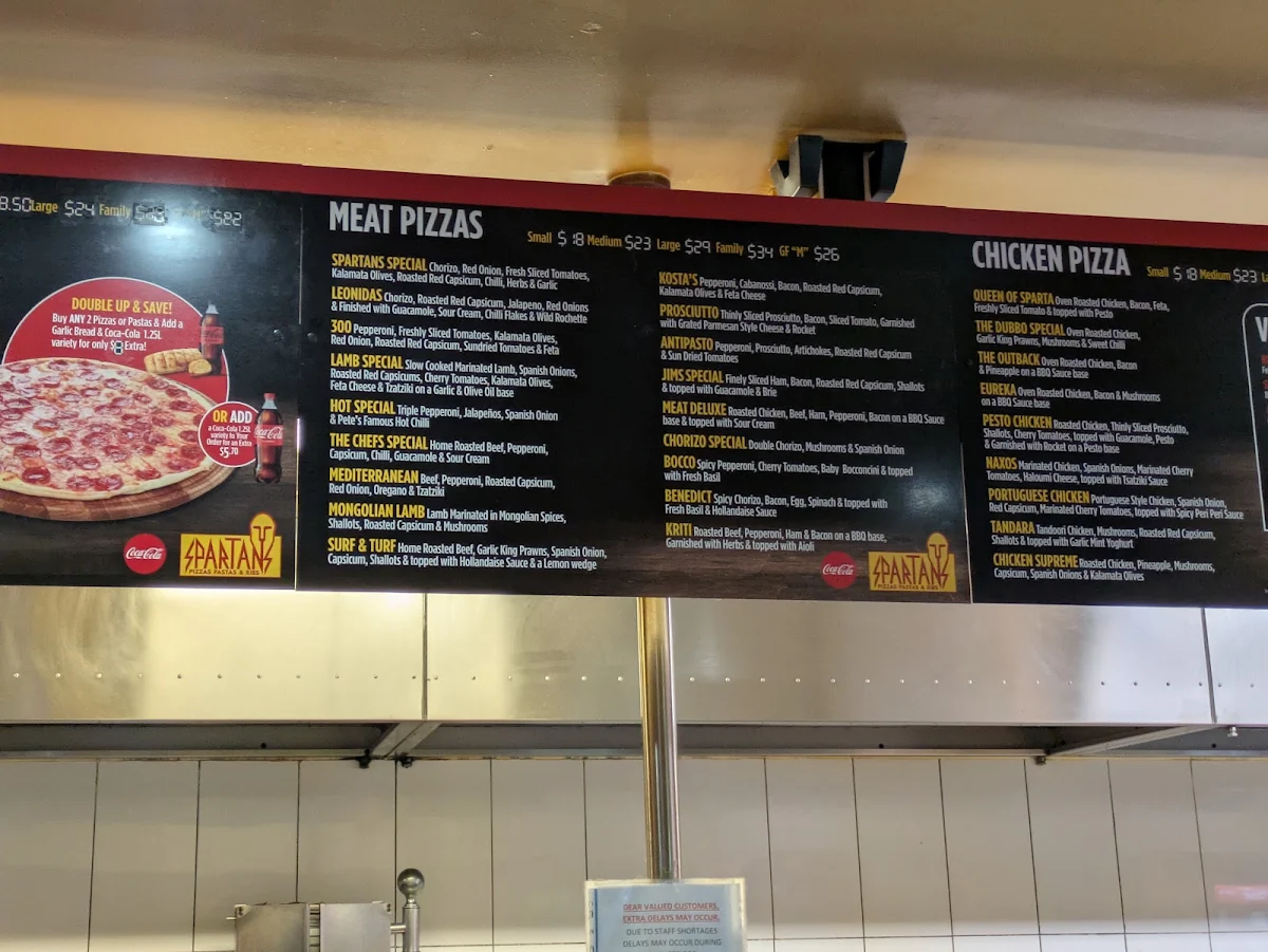 Menu, Spartans Pizzas, Pastas & Ribs