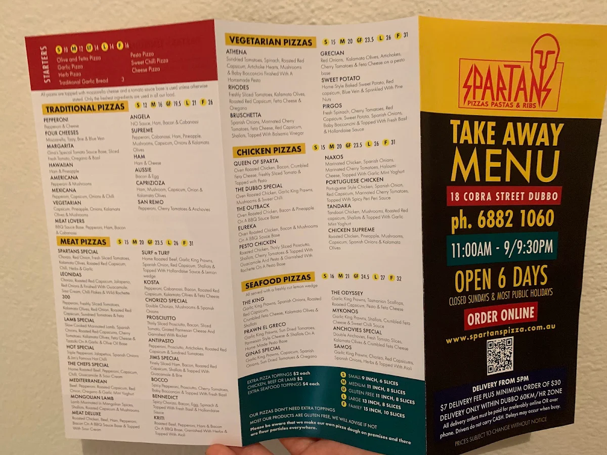 Menu, Spartans Pizzas, Pastas & Ribs