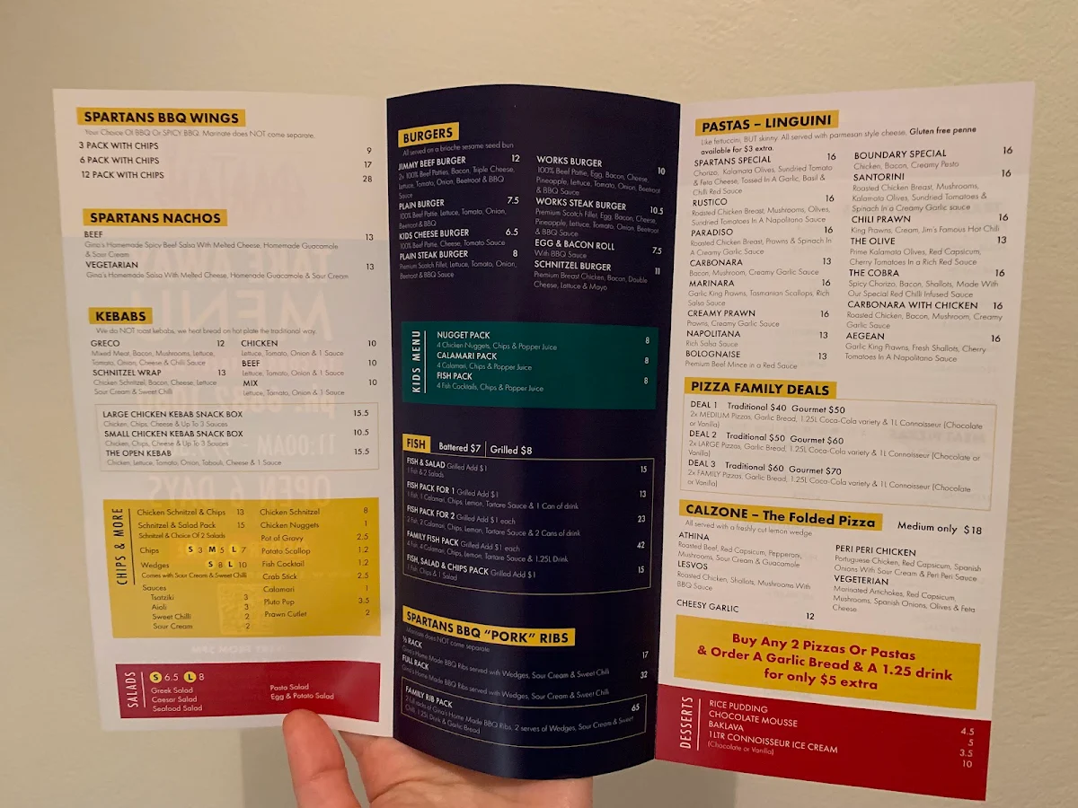 Menu, Spartans Pizzas, Pastas & Ribs