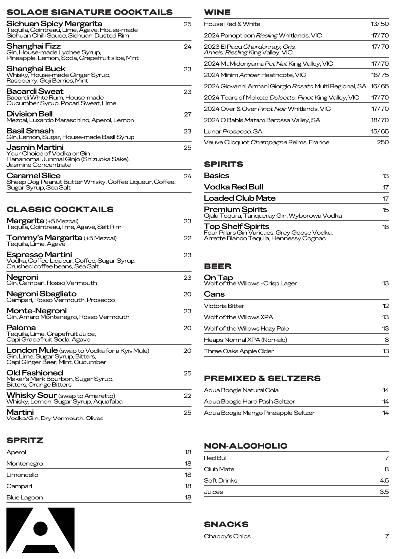 Menu, Solace Bar