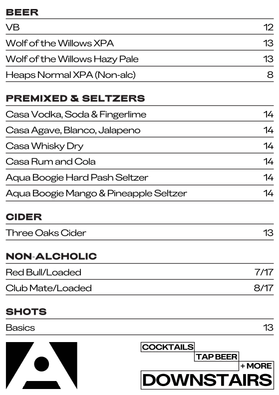 Menu, Solace Bar