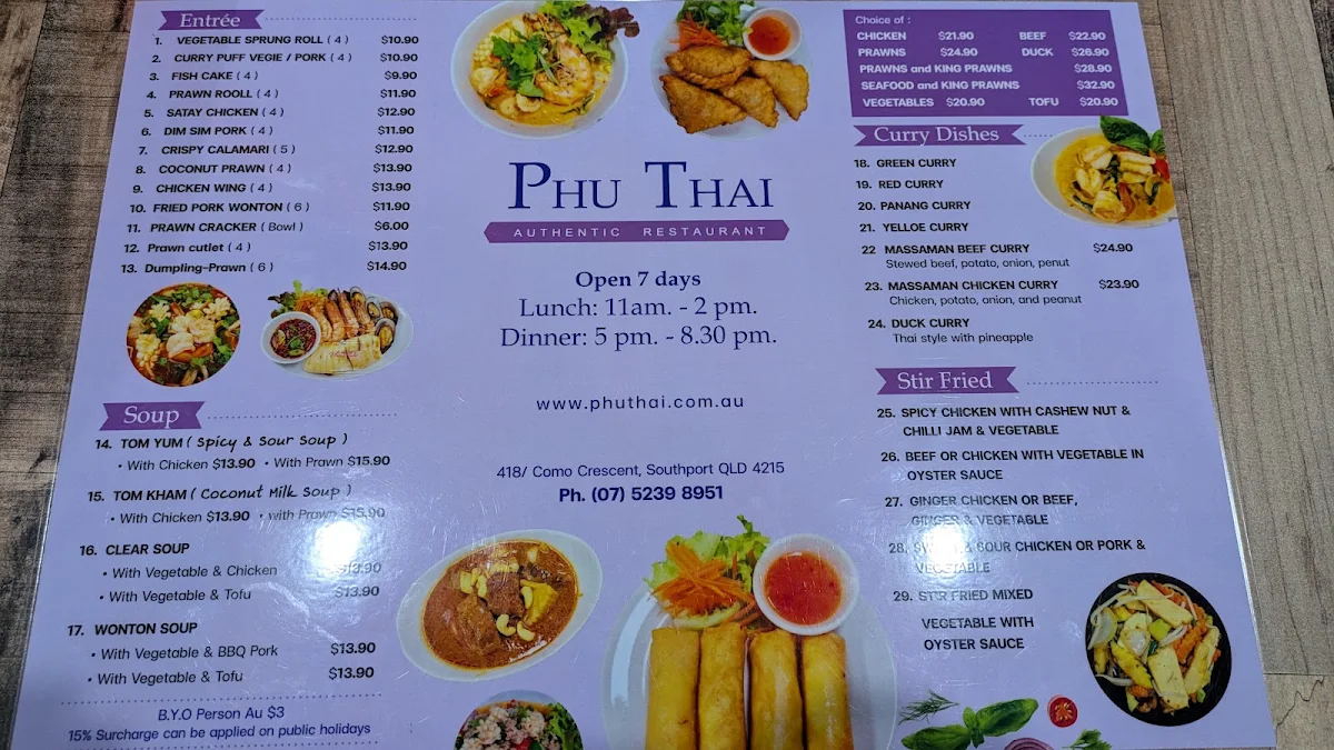Menu, Phu Thai Restaurant