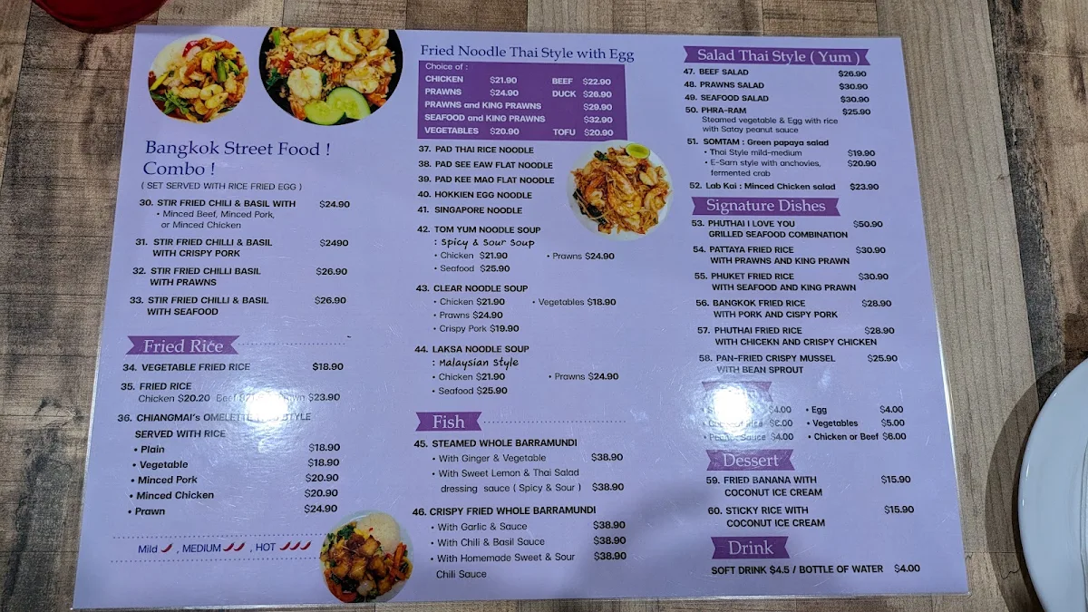 Menu, Phu Thai Restaurant