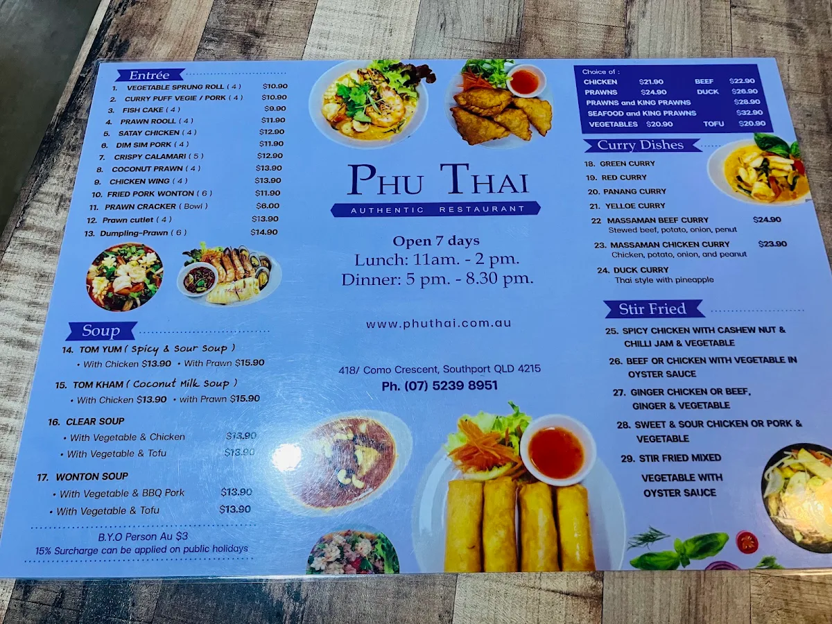 Menu, Phu Thai Restaurant