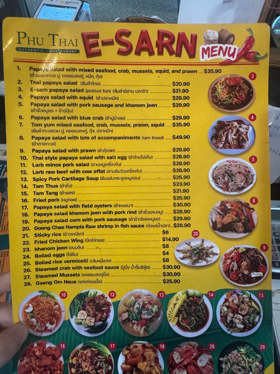 Menu, Phu Thai Restaurant