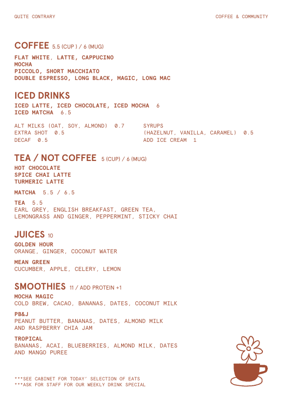 Menu, Quite Contrary Cafe