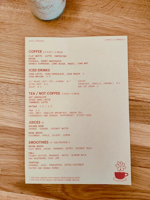 Menu, Quite Contrary Cafe