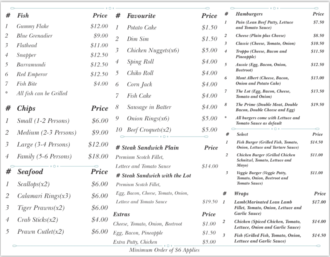 Menu, Mont Albert Fish & Chips