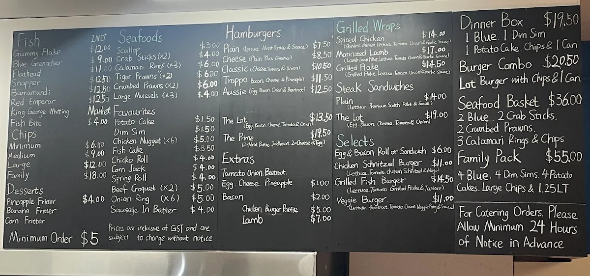 Menu, Mont Albert Fish & Chips