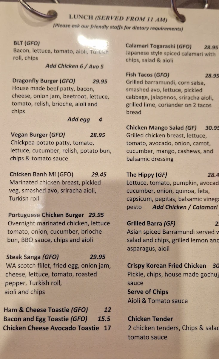 Menu, Dragonfly Cafe Broome