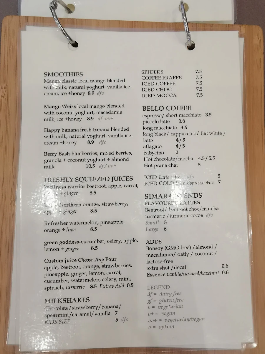 Menu, Dragonfly Cafe Broome