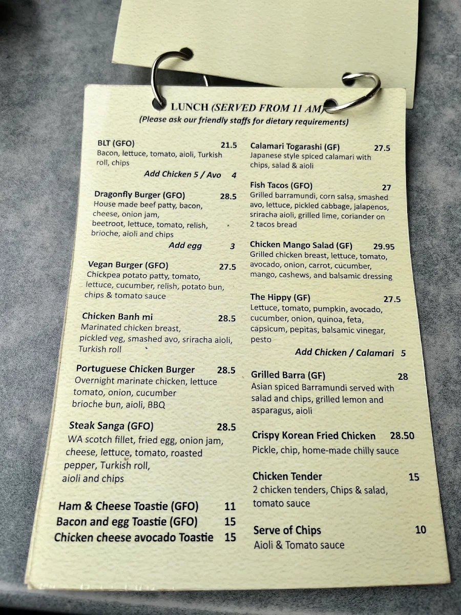 Menu, Dragonfly Cafe Broome