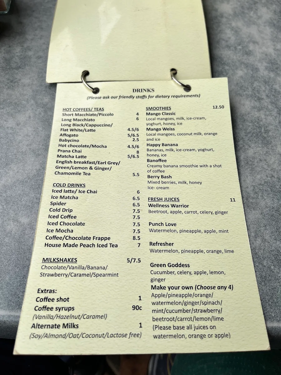 Menu, Dragonfly Cafe Broome
