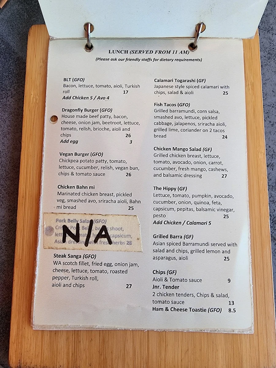 Menu, Dragonfly Cafe Broome