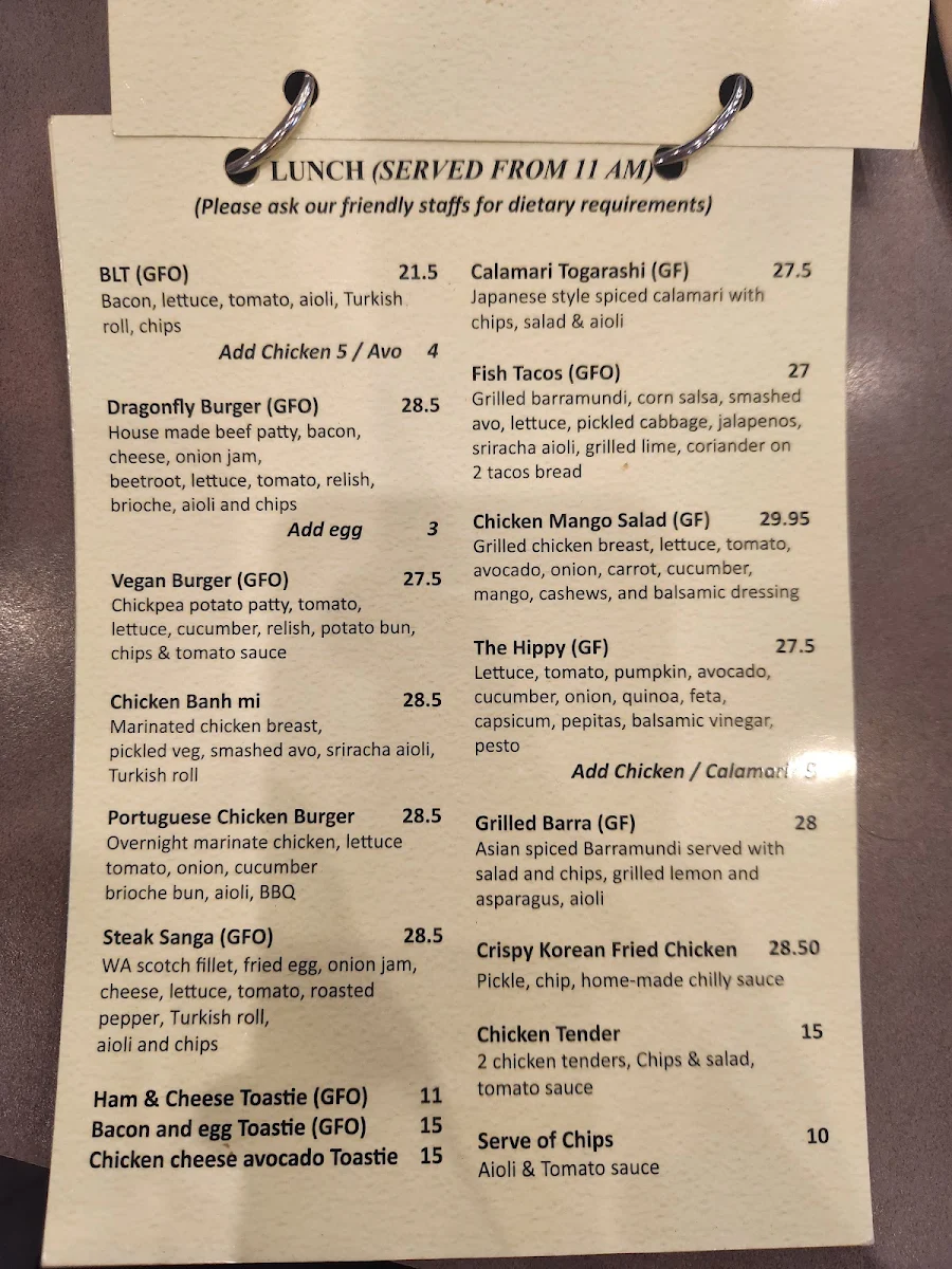 Menu, Dragonfly Cafe Broome